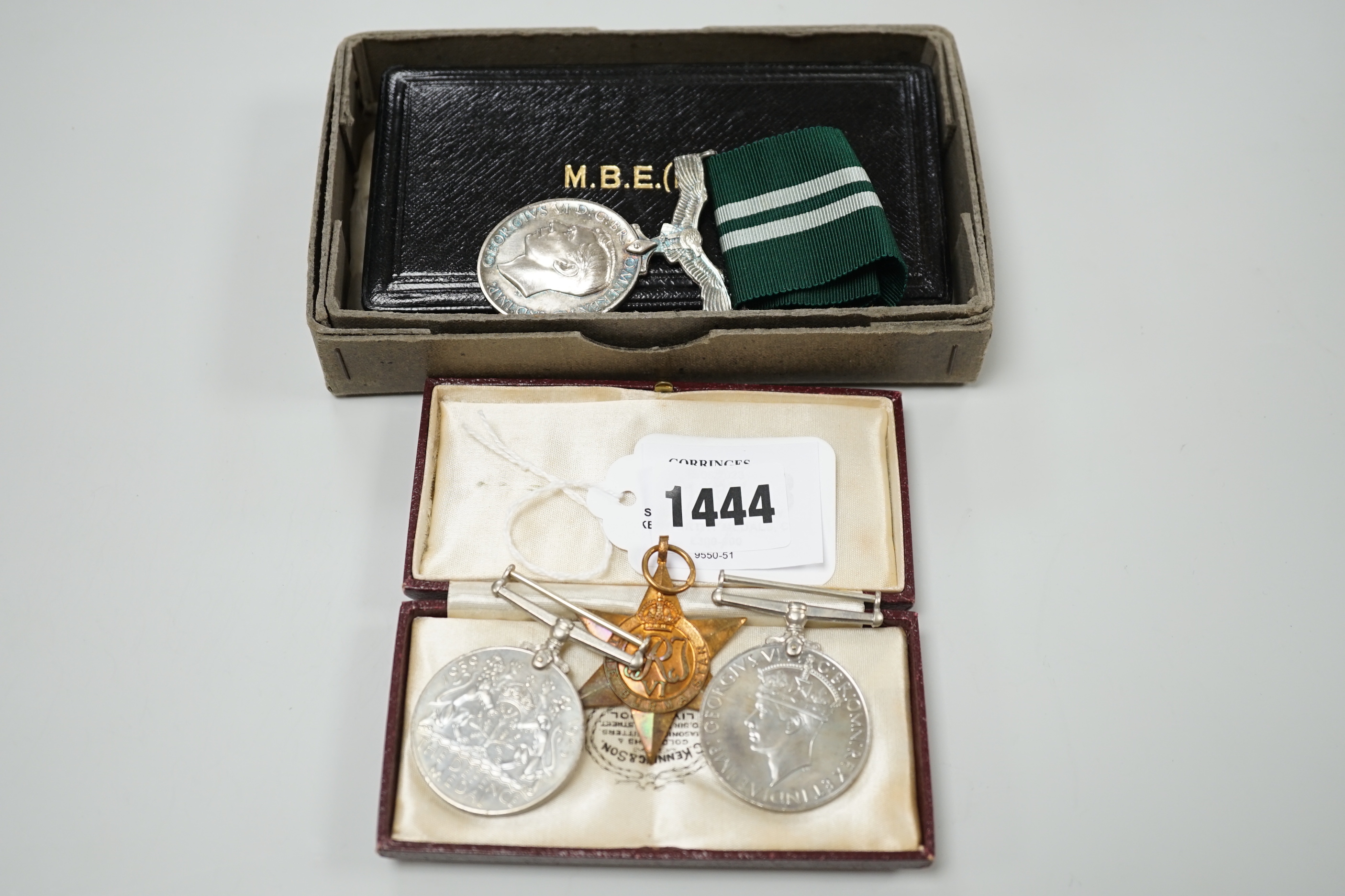 Squadron Leader W. Kenworthy medals, comprising a George V MBE (military) numbered 86759, a George VI Air Efficiency award (as acting Squadron Leader RAFVR) together with a World War II trio